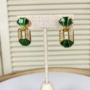 Luxe 1980s Swarovski S.A.L. Green Enamel Crystal Gold Door Knocker Earrings VTG